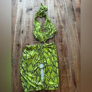 LACAUSA small Neon yellow green animal reptile print halter swim mini dress NWOT